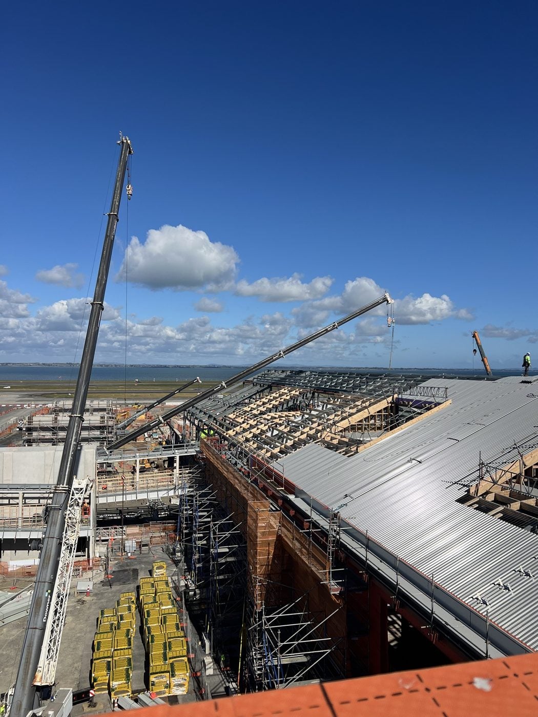 Roof sheets going on over the steel and timber structure of the domestic processor, cranes lifting from the apron