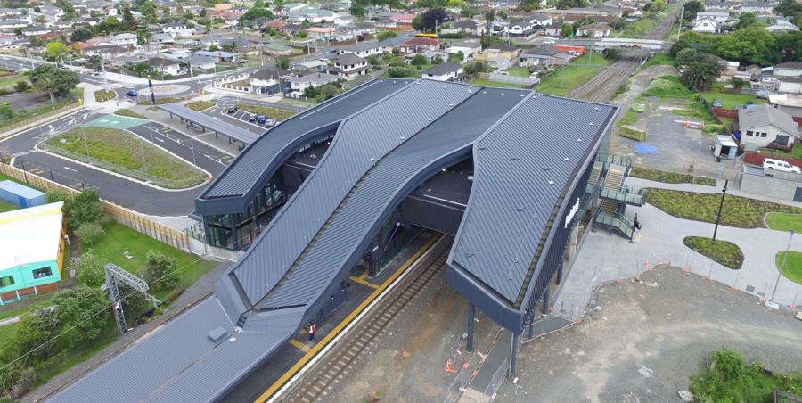 Aerial view of Puhinui Station roof over the rail line