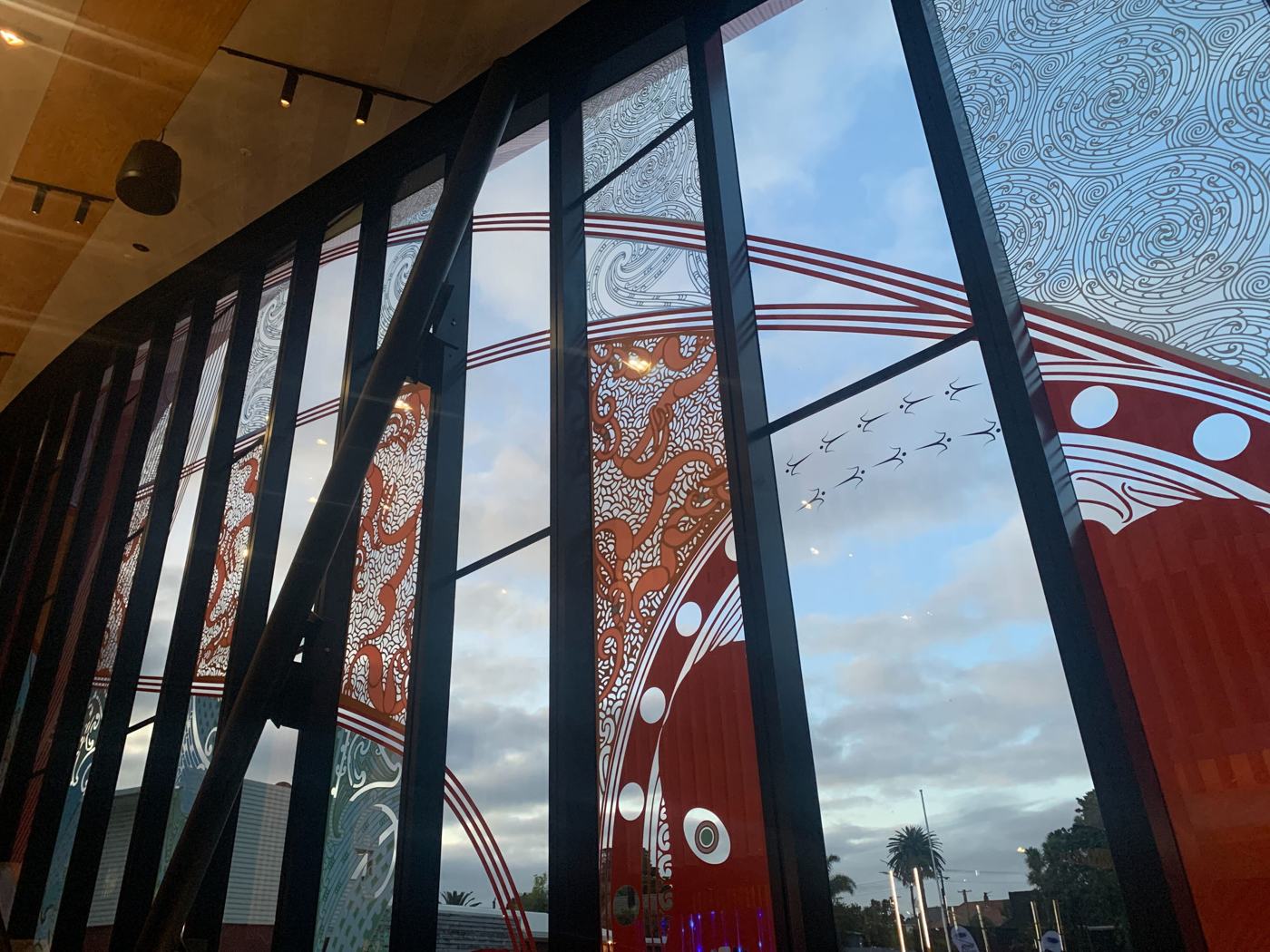 Interior view of the glazed façade at Taumata o Kupe